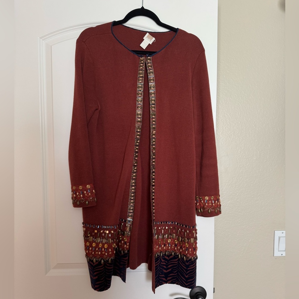 Chico's Brick Red Embroidered Cardigan